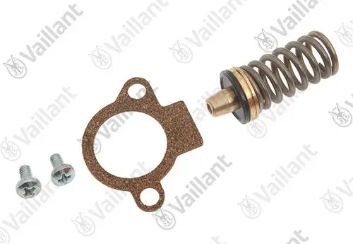 Vaillant Wassermangelventil mit Feder und Dichtung, ergänzt durch zwei Schrauben. Komponenten für eine wasserseitige Installation oder Wartung.